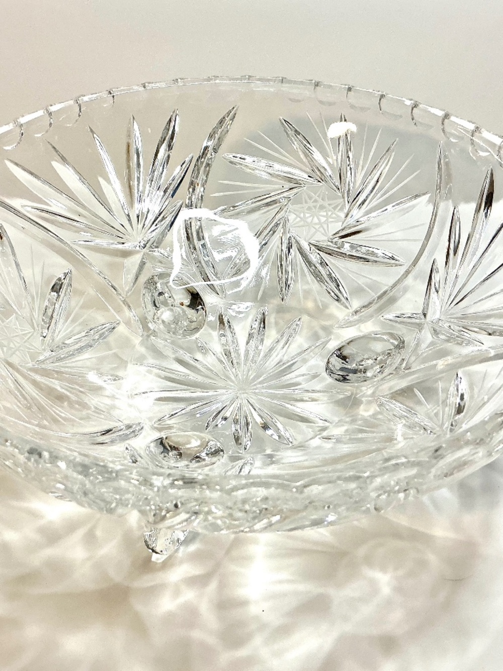 Clear Cut Glass Starburst Footed Round Bowl, Approx 10 in Diameter